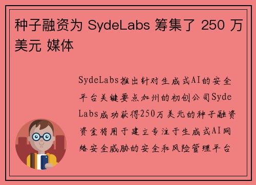 种子融资为 SydeLabs 筹集了 250 万美元 媒体